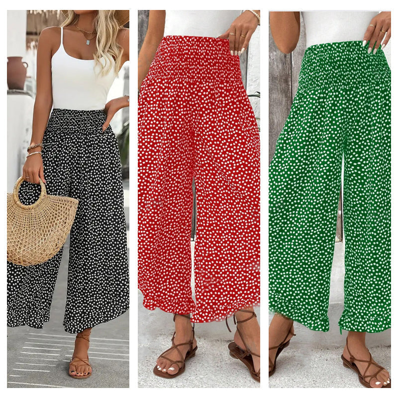 Wide-Leg Trousers with Polka Dot Pattern and Ruffled Hem, High Waist Smocked Elastic