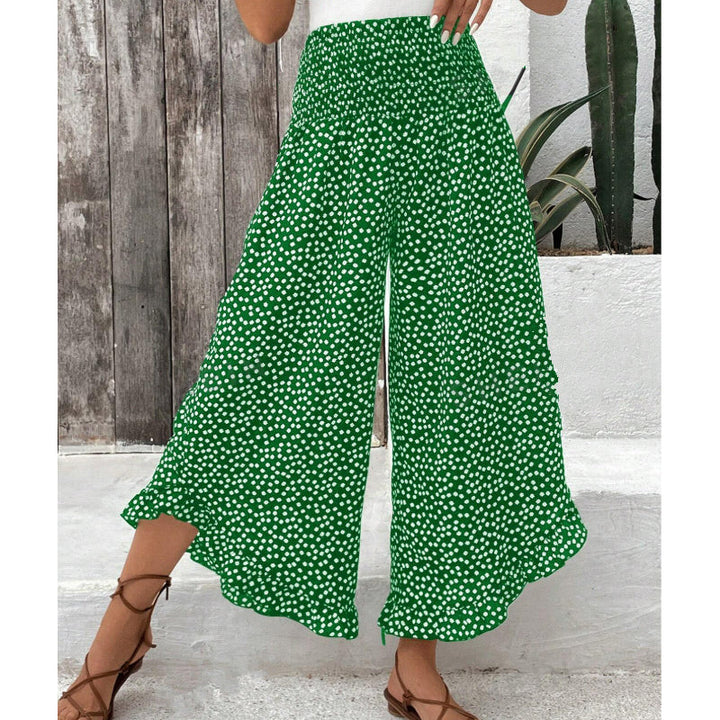 Wide-Leg Trousers with Polka Dot Pattern and Ruffled Hem, High Waist Smocked Elastic