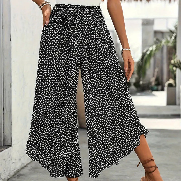 Wide-Leg Trousers with Polka Dot Pattern and Ruffled Hem, High Waist Smocked Elastic