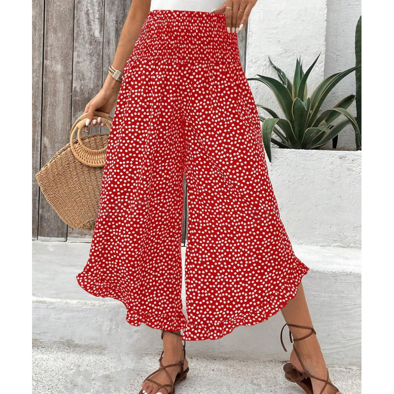 Wide-Leg Trousers with Polka Dot Pattern and Ruffled Hem, High Waist Smocked Elastic