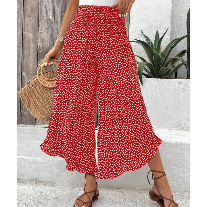 Wide-Leg Trousers with Polka Dot Pattern and Ruffled Hem, High Waist Smocked Elastic