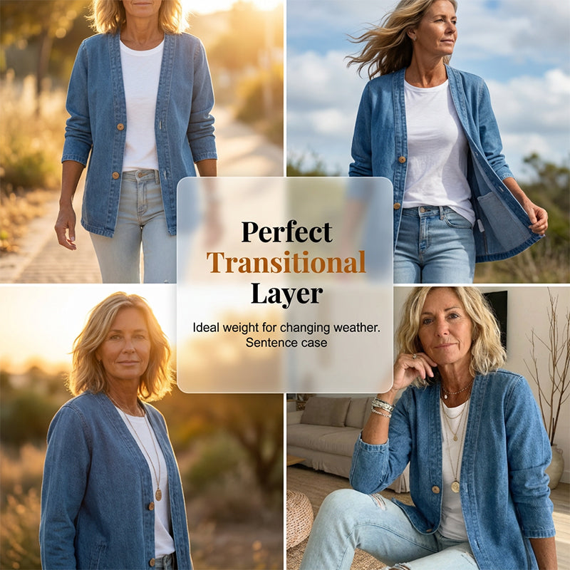 Women's Denim Jacket with V-Neck Design and Relaxed Fit, Button Placket
