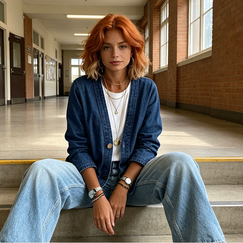 Women's Denim Jacket with V-Neck Design and Relaxed Fit, Button Placket