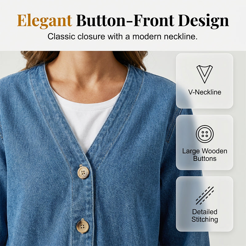 Women's Denim Jacket with V-Neck Design and Relaxed Fit, Button Placket