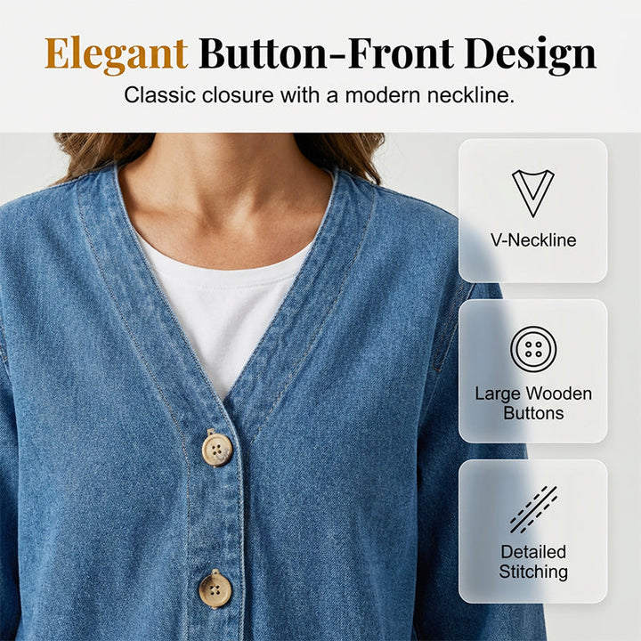 Women's Denim Jacket with V-Neck Design and Relaxed Fit, Button Placket