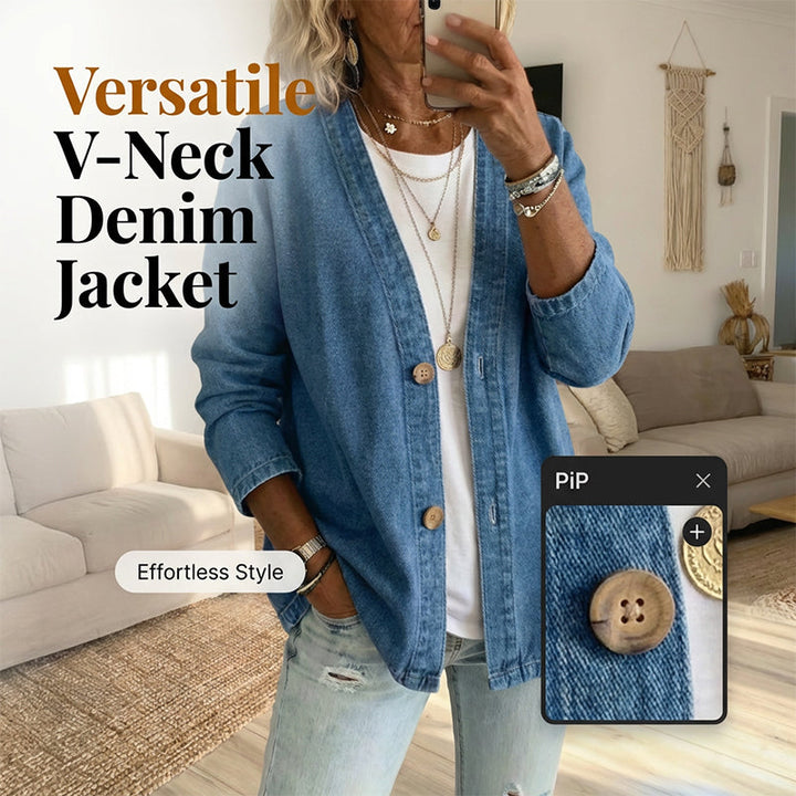 Women's Denim Jacket with V-Neck Design and Relaxed Fit, Button Placket