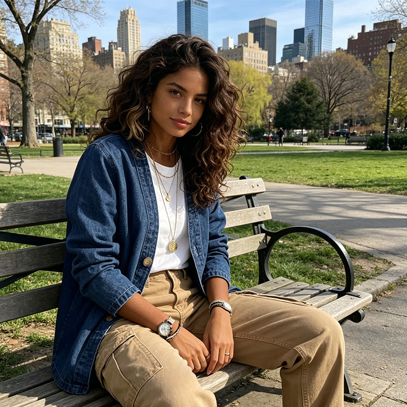Women's Denim Jacket with V-Neck Design and Relaxed Fit, Button Placket