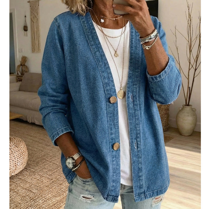 Women's Denim Jacket with V-Neck Design and Relaxed Fit, Button Placket