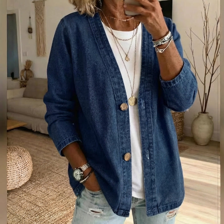 Women's Denim Jacket with V-Neck Design and Relaxed Fit, Button Placket