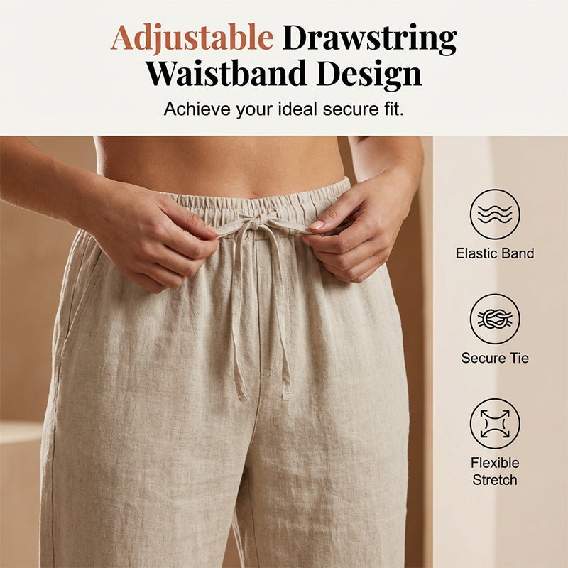 Women's Capri Pants with Cotton Linen Blend and Rolled Cuffs, Adjustable Drawstring