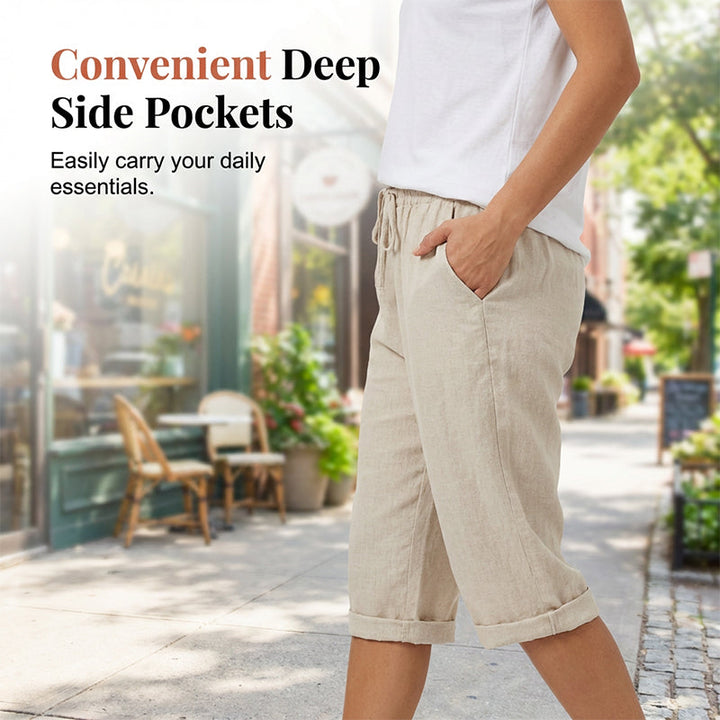 Women's Capri Pants with Cotton Linen Blend and Rolled Cuffs, Adjustable Drawstring