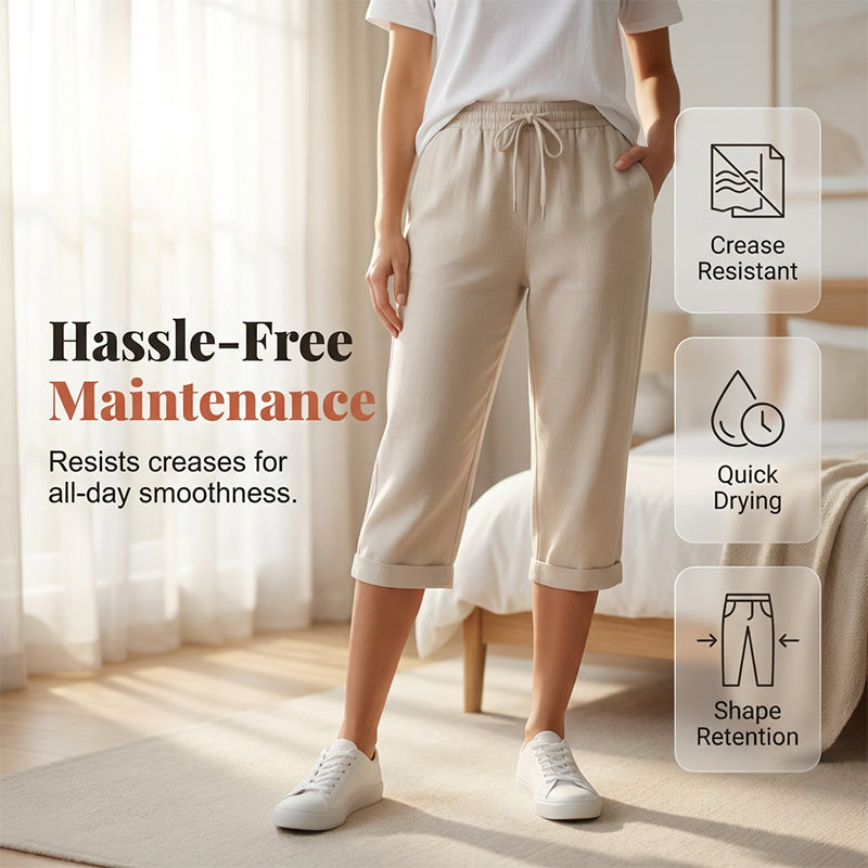 Women's Capri Pants with Cotton Linen Blend and Rolled Cuffs, Adjustable Drawstring