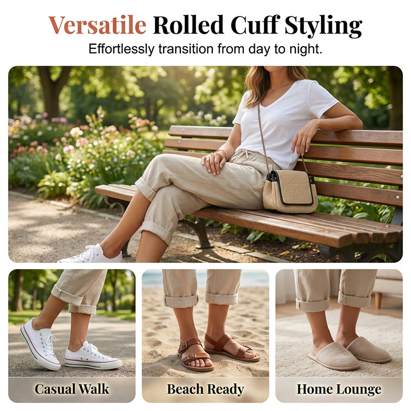 Women's Capri Pants with Cotton Linen Blend and Rolled Cuffs, Adjustable Drawstring