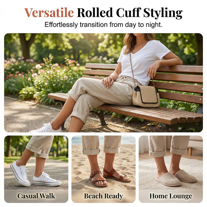 Women's Capri Pants with Cotton Linen Blend and Rolled Cuffs, Adjustable Drawstring