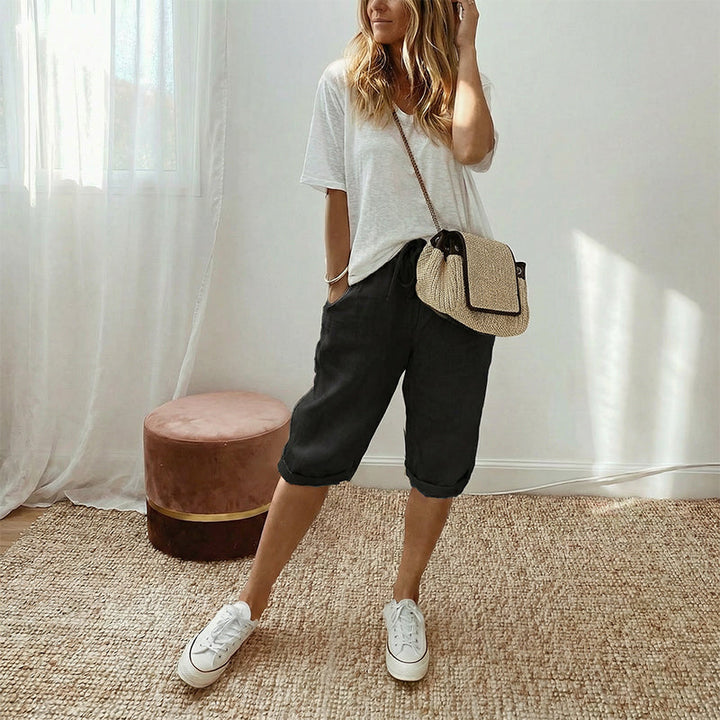Women's Capri Pants with Cotton Linen Blend and Rolled Cuffs, Adjustable Drawstring