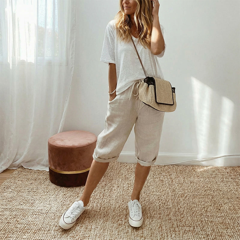 Women's Capri Pants with Cotton Linen Blend and Rolled Cuffs, Adjustable Drawstring