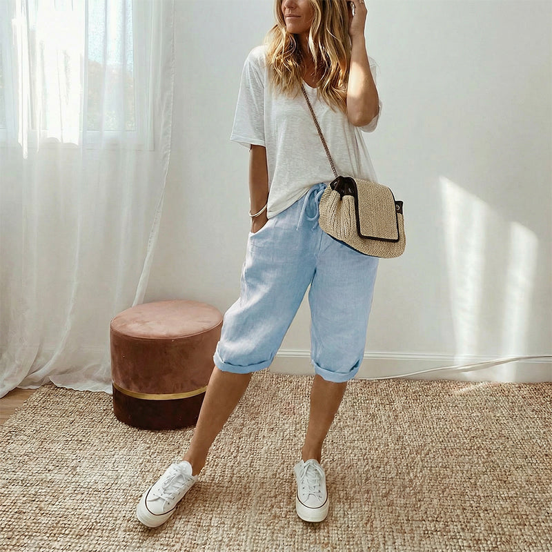 Women's Capri Pants with Cotton Linen Blend and Rolled Cuffs, Adjustable Drawstring
