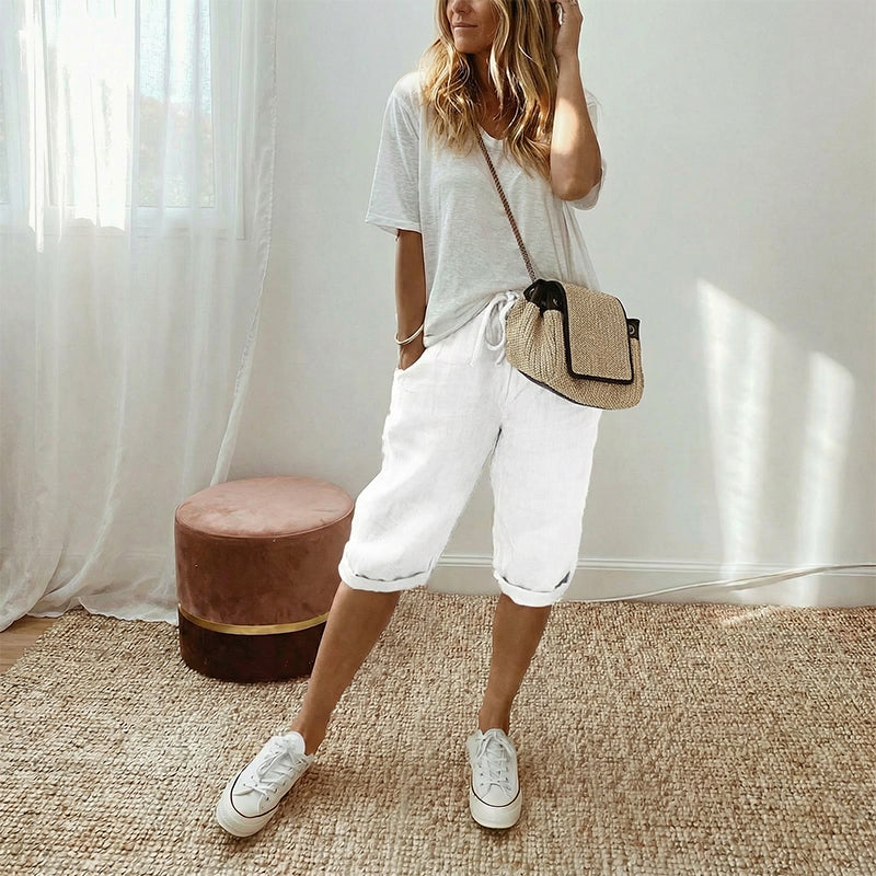 Women's Capri Pants with Cotton Linen Blend and Rolled Cuffs, Adjustable Drawstring