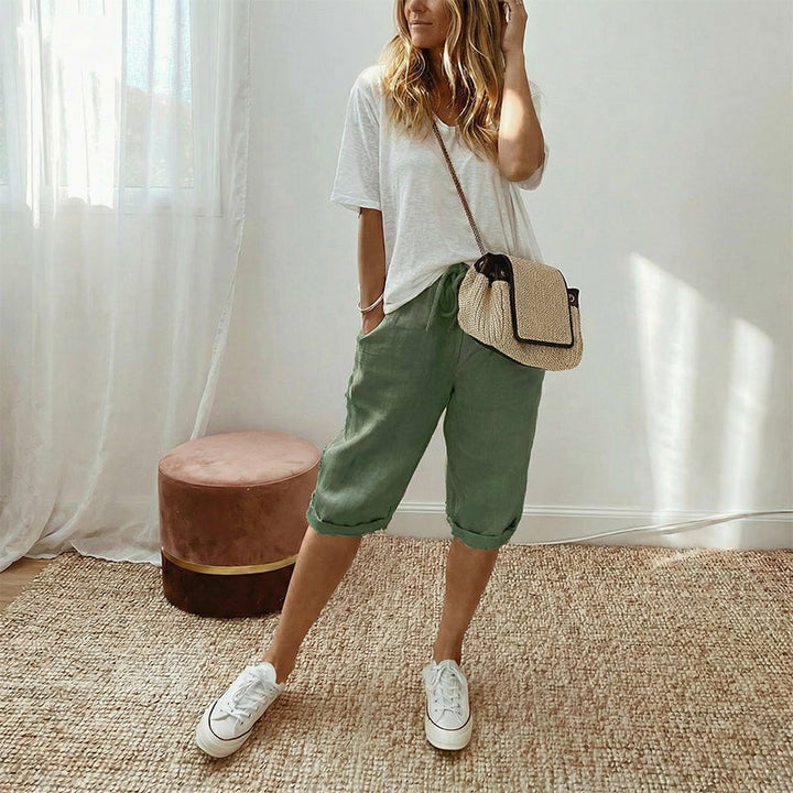 Women's Capri Pants with Cotton Linen Blend and Rolled Cuffs, Adjustable Drawstring