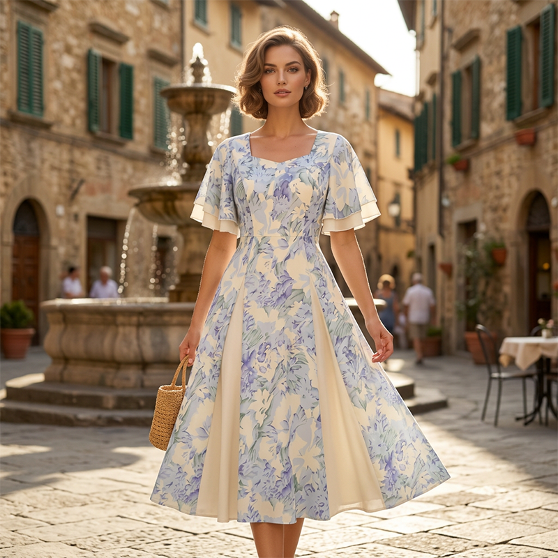 Fit-and-Flare Dress with Flutter Sleeves and Floral Pattern, Blue-White