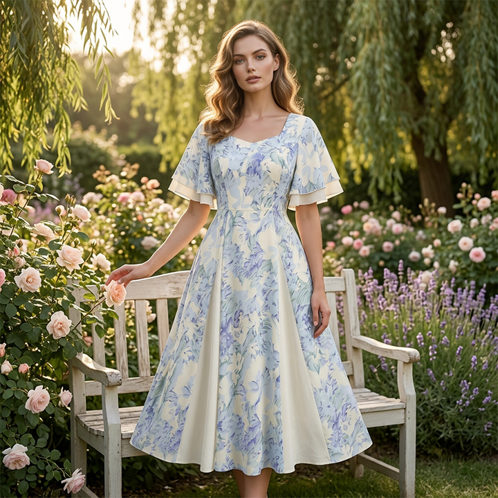 Fit-and-Flare Dress with Flutter Sleeves and Floral Pattern, Blue-White