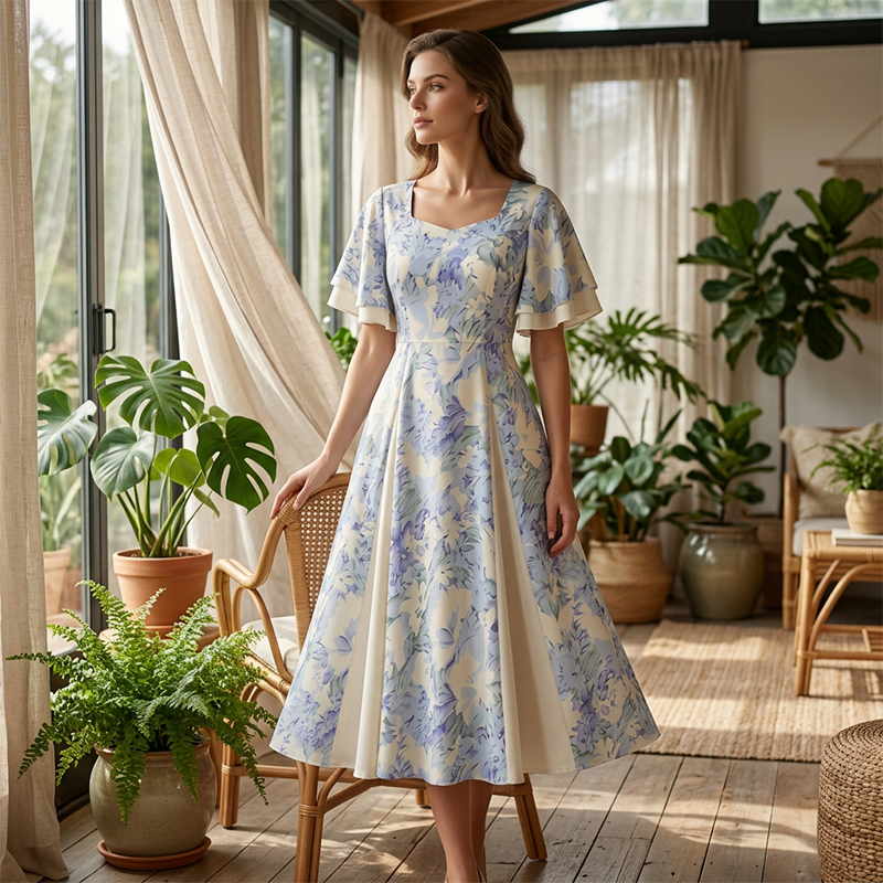 Fit-and-Flare Dress with Flutter Sleeves and Floral Pattern, Blue-White