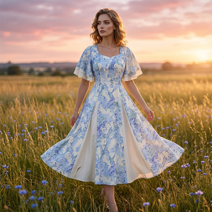 Fit-and-Flare Dress with Flutter Sleeves and Floral Pattern, Blue-White