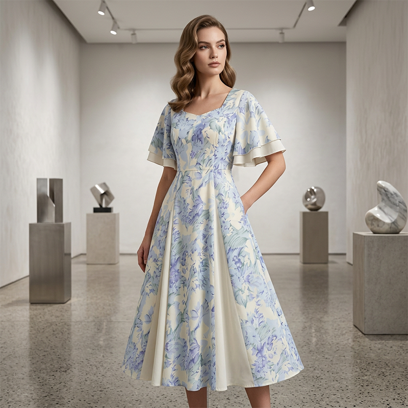 Fit-and-Flare Dress with Flutter Sleeves and Floral Pattern, Blue-White