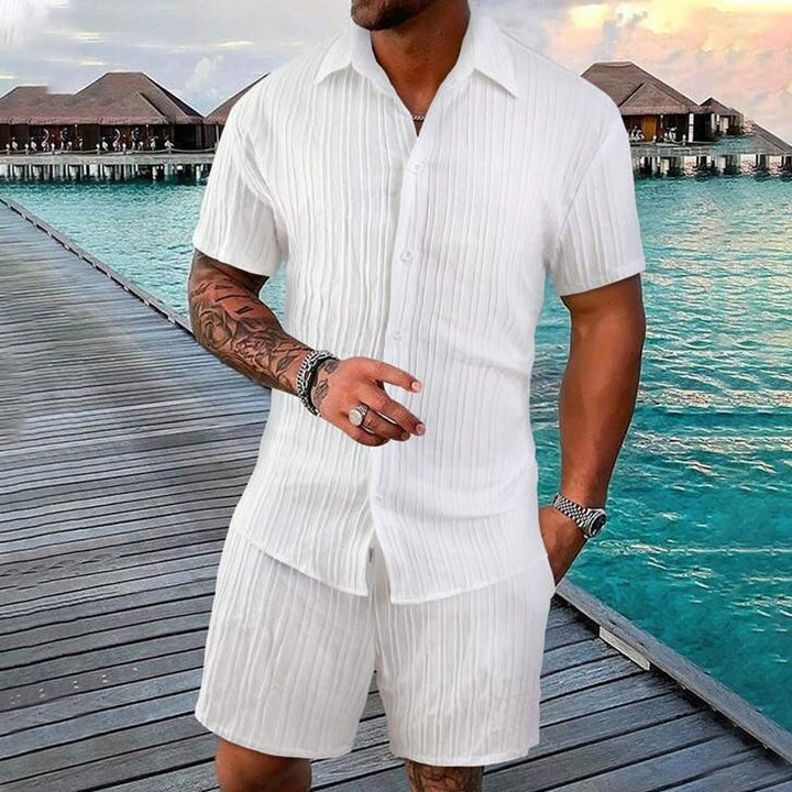 Men's Relaxed Fit Shirt and Shorts Set with Vertical Stripes
