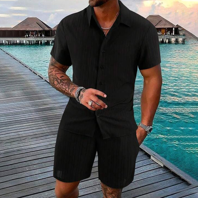 Men's Relaxed Fit Shirt and Shorts Set with Vertical Stripes