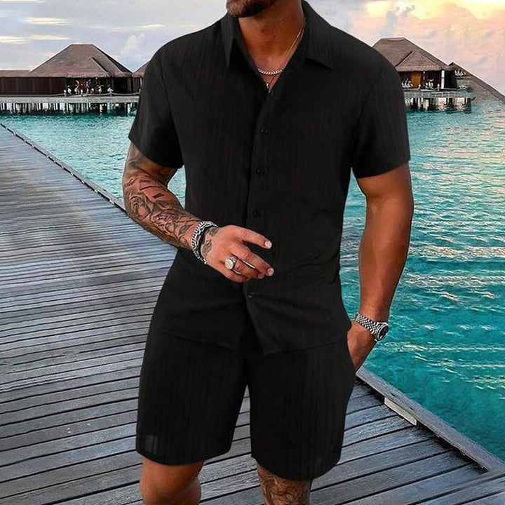 Men's Relaxed Fit Shirt and Shorts Set with Vertical Stripes