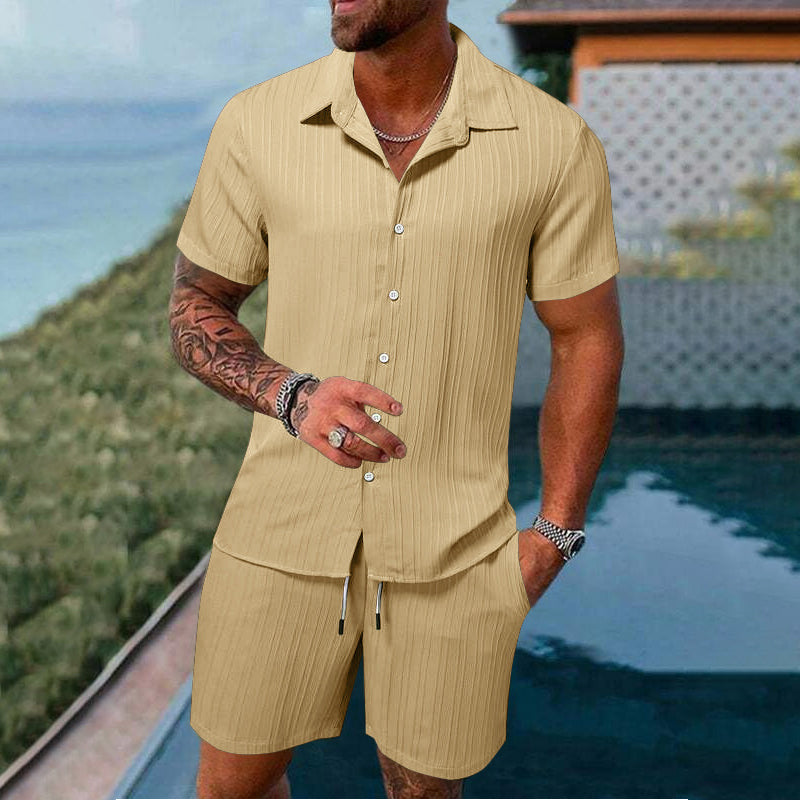 Men's Relaxed Fit Shirt and Shorts Set with Vertical Stripes