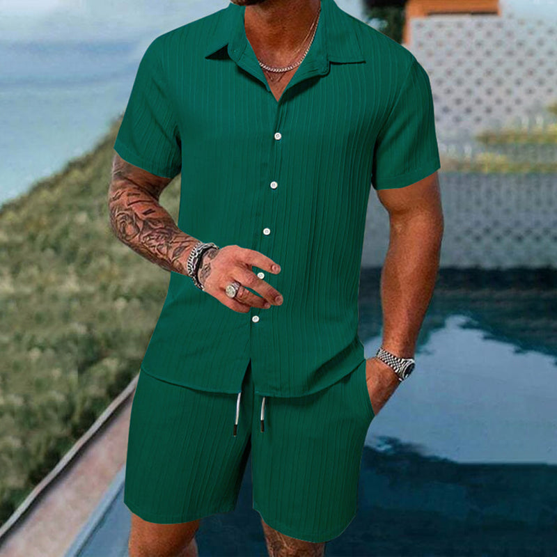 Men's Relaxed Fit Shirt and Shorts Set with Vertical Stripes
