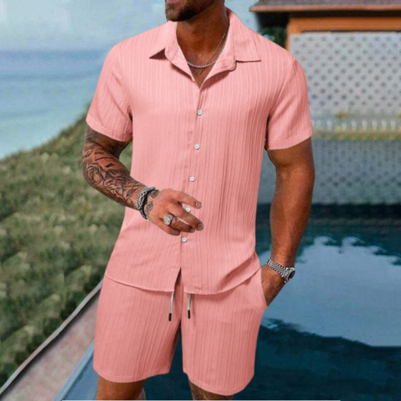 Men's Relaxed Fit Shirt and Shorts Set with Vertical Stripes
