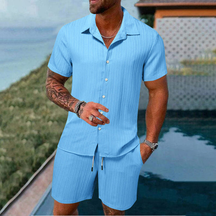 Men's Relaxed Fit Shirt and Shorts Set with Vertical Stripes