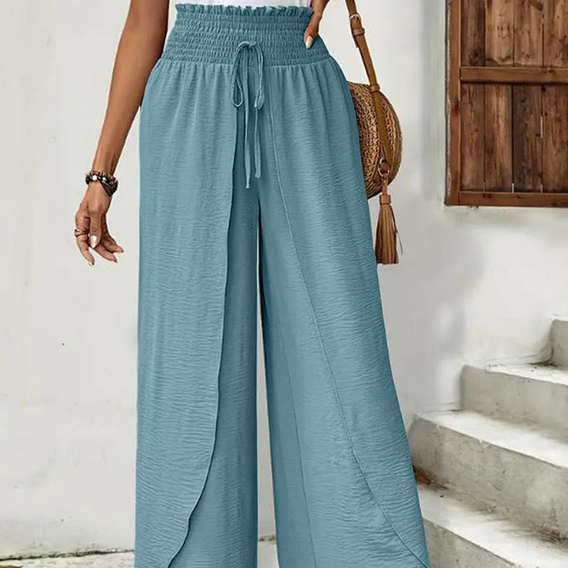 Women's Wide-Leg Trousers with Overlapping Front Panels and Smocked Waistband