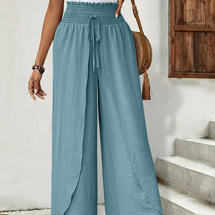 Women's Wide-Leg Trousers with Overlapping Front Panels and Smocked Waistband