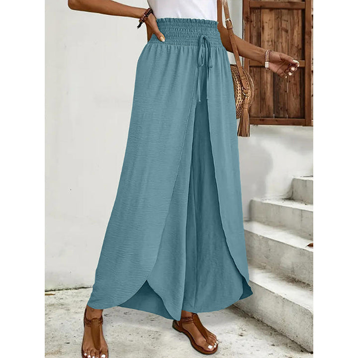 Women's Wide-Leg Trousers with Overlapping Front Panels and Smocked Waistband