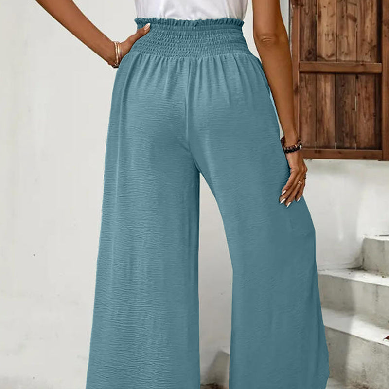 Women's Wide-Leg Trousers with Overlapping Front Panels and Smocked Waistband