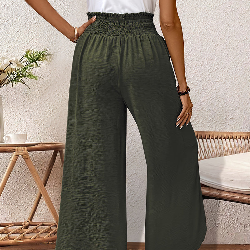 Women's Wide-Leg Trousers with Overlapping Front Panels and Smocked Waistband