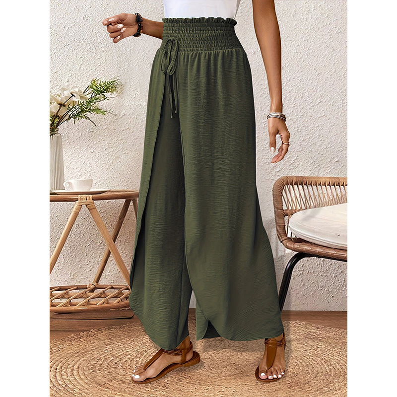 Women's Wide-Leg Trousers with Overlapping Front Panels and Smocked Waistband