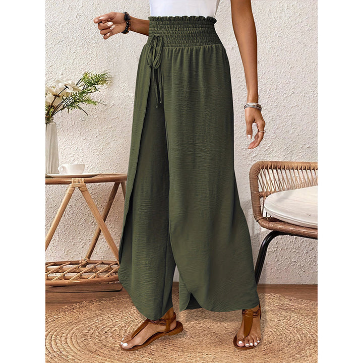 Women's Wide-Leg Trousers with Overlapping Front Panels and Smocked Waistband