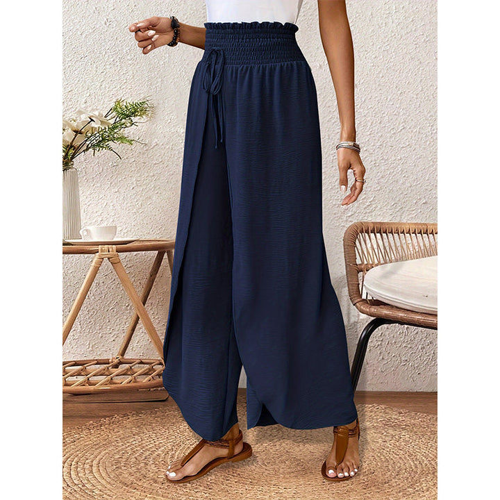 Women's Wide-Leg Trousers with Overlapping Front Panels and Smocked Waistband