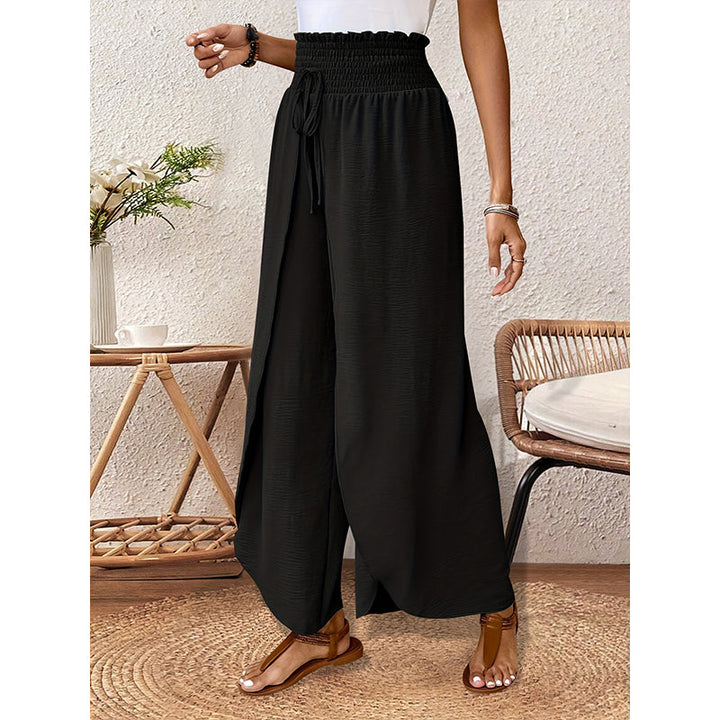 Women's Wide-Leg Trousers with Overlapping Front Panels and Smocked Waistband