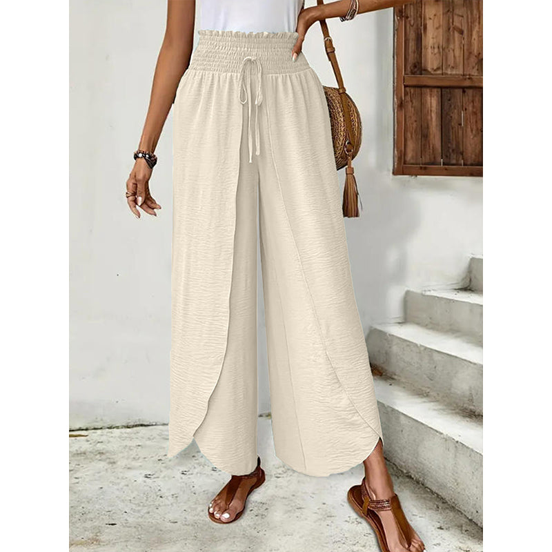 Women's Wide-Leg Trousers with Overlapping Front Panels and Smocked Waistband