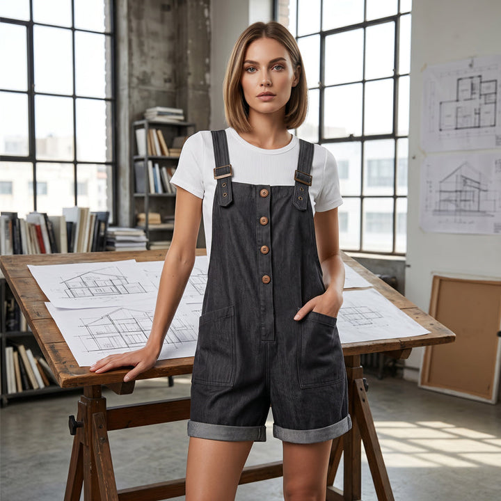 Straight-Leg Overalls with Adjustable Buckle Straps and Button Front, Large Pockets