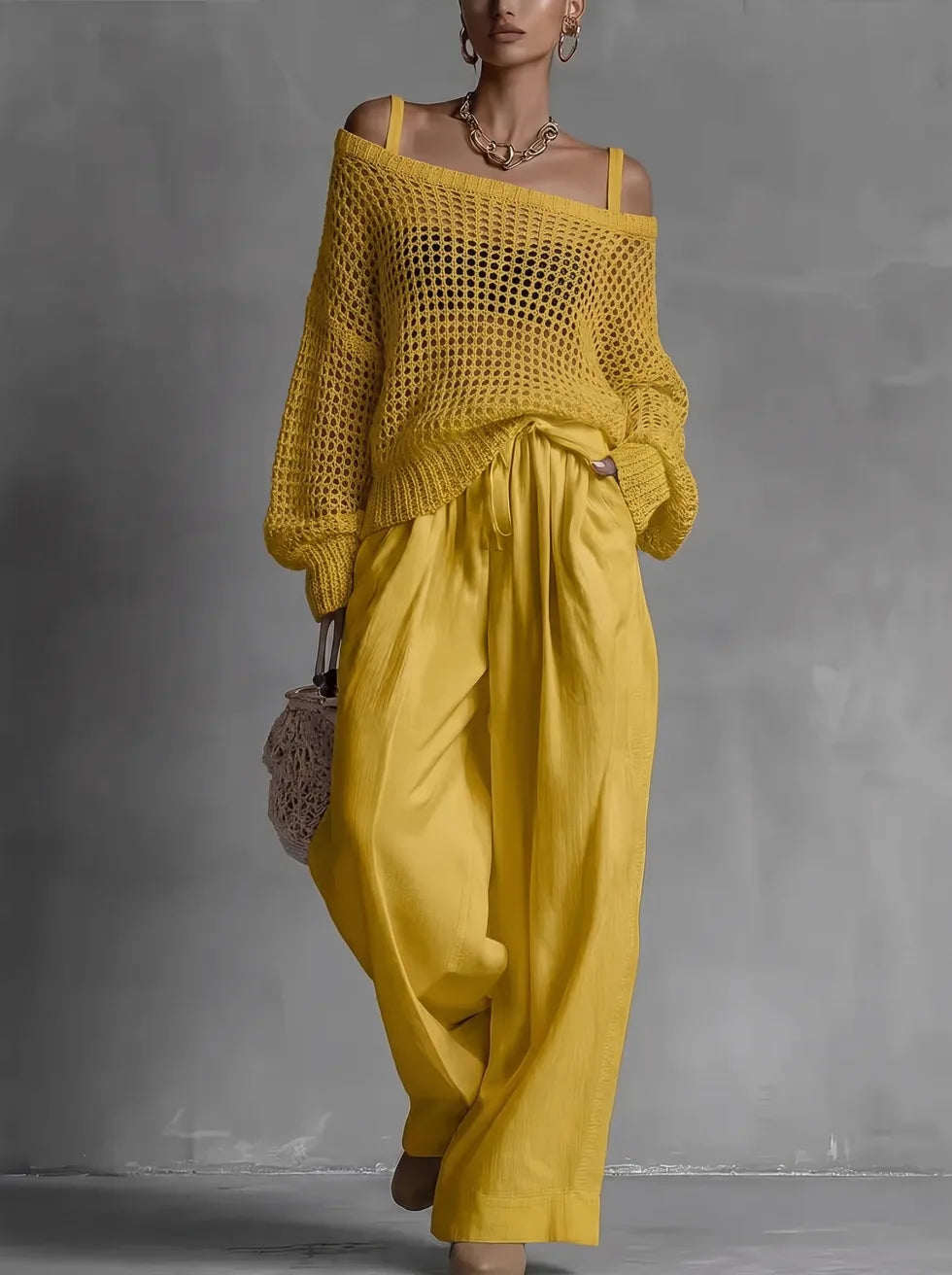 Off-Shoulder Top with Wide-Leg Trousers, Textured Fabric Two-Piece Set