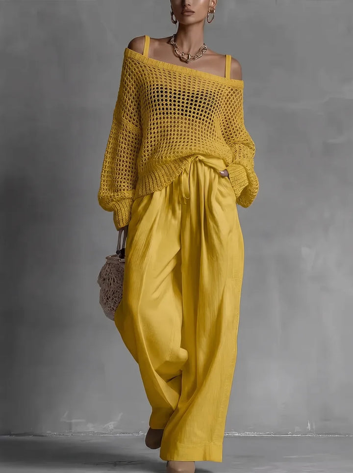 Off-Shoulder Top with Wide-Leg Trousers, Textured Fabric Two-Piece Set