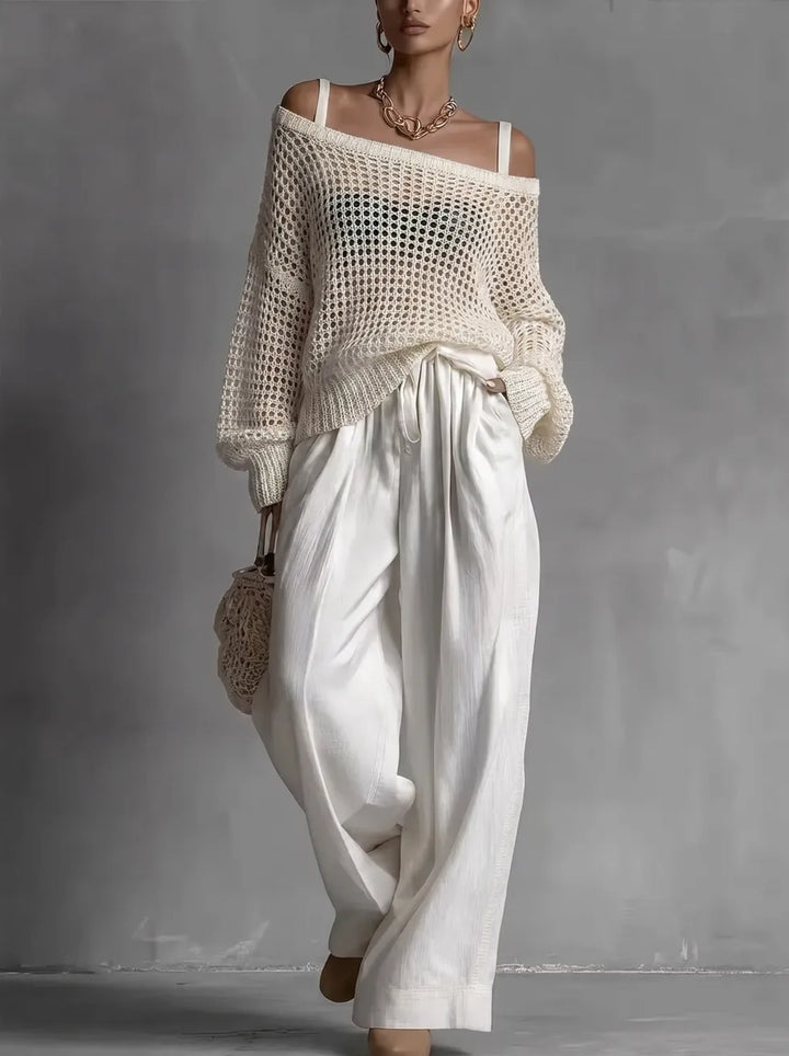 Off-Shoulder Top with Wide-Leg Trousers, Textured Fabric Two-Piece Set