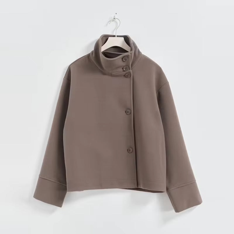 Women's Cropped Coat with Double-Breasted Button Front and Structured Shoulders